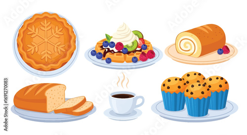 Set of flat style vector illustrations of desserts and baked goods including pie, waffles with cream and fruit, roll cake, bread, muffins, and coffee, perfect for bakery and café design