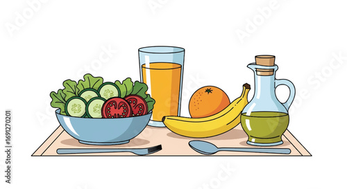 Flat style vector illustration of a healthy meal with fresh salad, fruits, olive oil, and juice on a table, perfect for nutrition, wellness, diet, and healthy lifestyle concepts