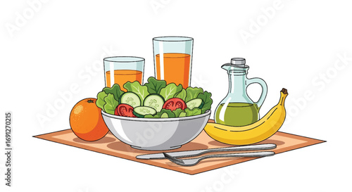 Flat style vector illustration of a healthy meal with fresh salad, fruits, olive oil, and juice on a table, perfect for nutrition, wellness, diet, and healthy lifestyle concepts
