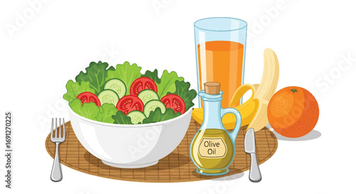Flat style vector illustration of a healthy meal with fresh salad, fruits, olive oil, and juice on a table, perfect for nutrition, wellness, diet, and healthy lifestyle concepts