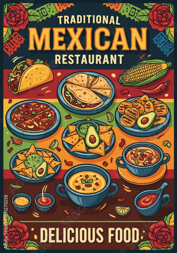 Vintage illustration of a Mexican restaurant poster featuring tacos, nachos, guacamole, enchiladas, and traditional dishes, ideal for food marketing, menu design, and restaurant advertising