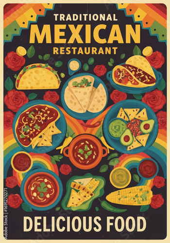 Vintage illustration of a Mexican restaurant poster featuring tacos, nachos, guacamole, enchiladas, and traditional dishes, ideal for food marketing, menu design, and restaurant advertising