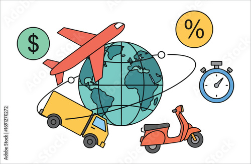 Global logistics with airplane truck scooter and financial icons globe earth