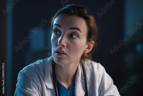 Woman doctor looks anxious at night