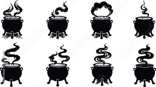 Cauldron silhouettes with rising steam and bubbling contents for Halloween, fantasy design, witchcraft themes, spooky vector art, and magical brewing