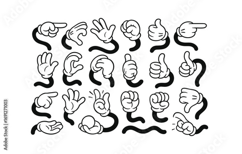 Retro cartoon gloves pointing and gesturing in black and white style