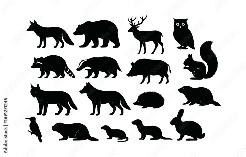 Fototapeta premium Wildlife animal silhouettes: fox, bear, deer, owl, and more