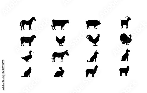 Farm animal silhouettes collection: horse, cow, pig, goat, sheep, chicken, rooster