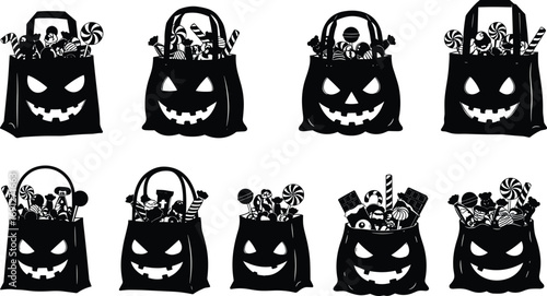 Halloween candy bags with jack-o’-lantern faces, filled with sweets, chocolates, lollipops, spooky treats, trick or treat vector art.