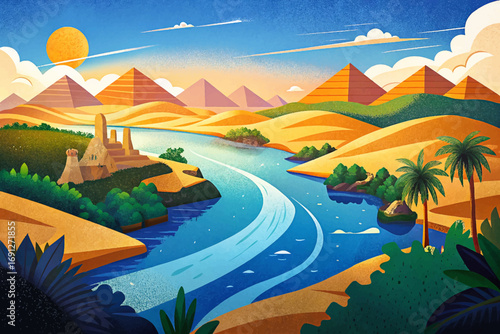 Nile River in Egypt, world’s longest river, ancient civilization, pyramids, fertile delta landscapes, cultural heritage