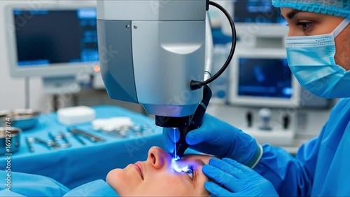 A person undergoes an eye procedure using a laser device guided by a gloved professional in blue attire within a medical setting Surgical tools rest nearby