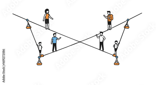 Dynamic illustration of diverse individuals connected within an intricate network of lines, symbolizing complex social structures and collaborative challenges in a modern business environment