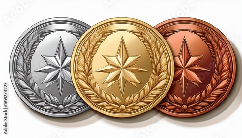 gold silver and bronze medals isolated on white