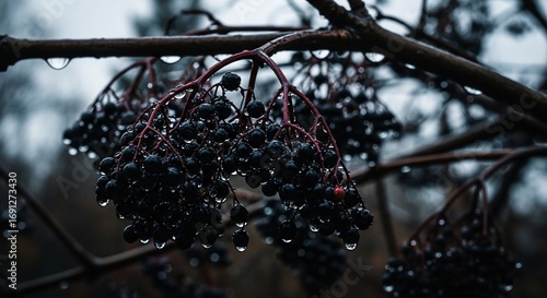 Rain-Kissed Elderberries: Dark Berries and Red Stems with Water Droplets