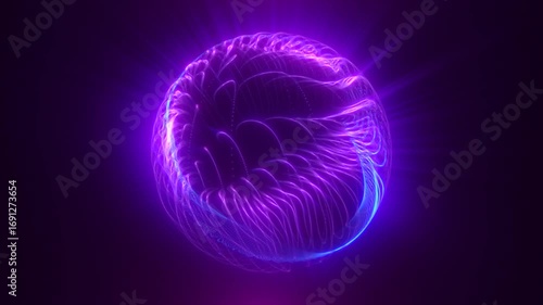 Glowing abstract sphere with purple and violet flowing lines, emitting radiant light in a dark digital space