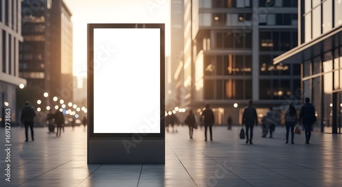 Blank Vertical Digital Signage Billboard Mockup in Modern Urban City Street at Golden Hour