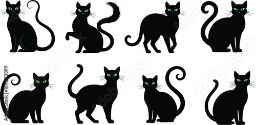 Stylized black cat silhouettes with glowing green eyes and varied tail poses for Halloween, spooky themes, fantasy design, and mystical illustration