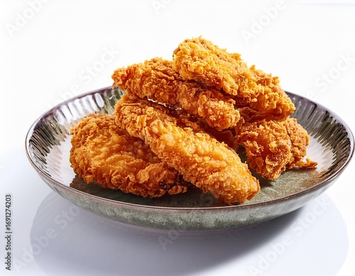 crispy golden fried chicken breast strips food hot oil meal isolated on white background