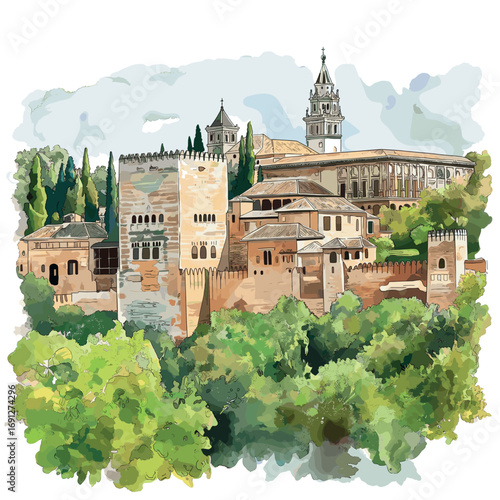Alhambra. Alhambra watercolor vector illustration