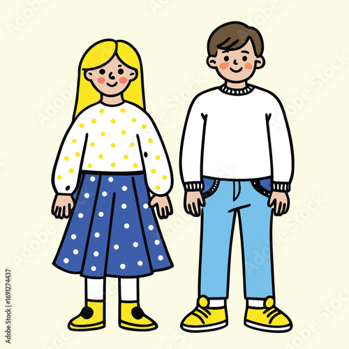 Simple clean minimalist stylized cartoon of a boy and a girl standing side by side vector