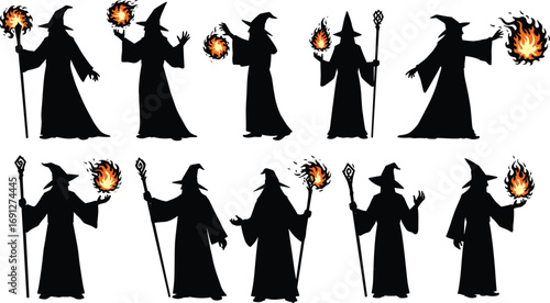 Ten fantasy wizard silhouettes with staffs and fireballs in dynamic poses, ideal for magical vector art, gaming, and storytelling themes