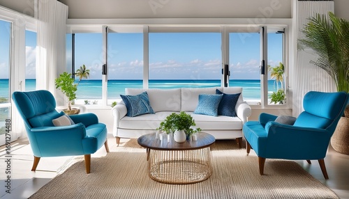 cozy living room with white sofa and chairs ocean views from large windows in palm beach florida coastal style luxury design and blue accents