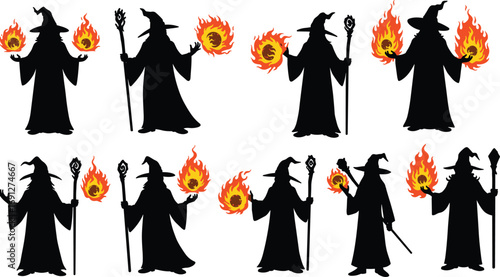Ten wizard silhouettes with staffs and fireballs in magical poses, perfect for fantasy vector art, gaming, storytelling, and character design themes.