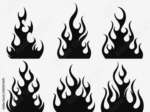 Flame silhouettes in classic style. Set of black vector fire silhouettes on white background