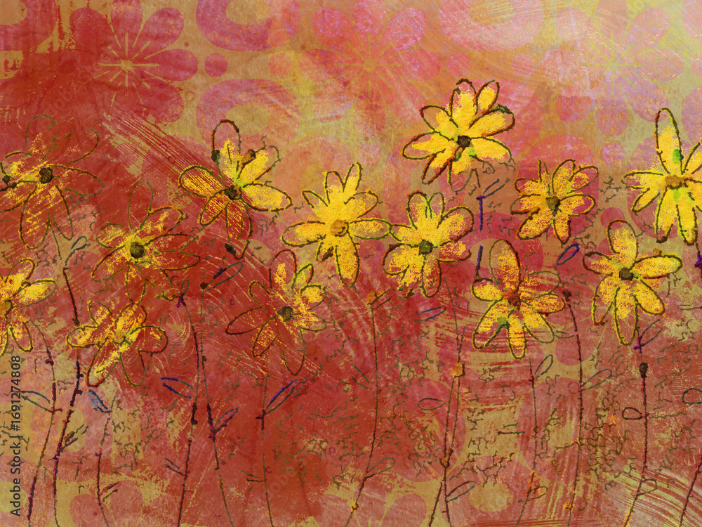 Naklejka premium Abstract distressed vintage floral painting messy ink sketch with neon paint
