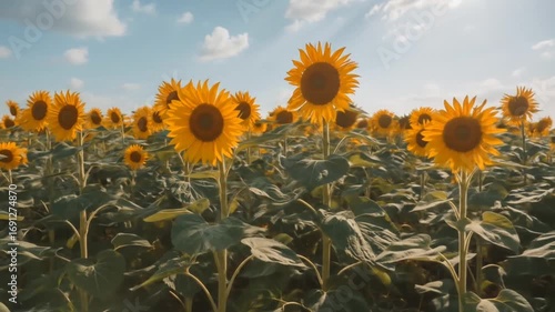 A field of sunflowers turning slowly toward the sun.