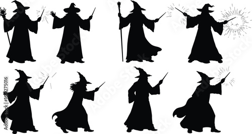 Wizard silhouettes in dynamic poses with wands and magical effects for fantasy, Halloween, spooky design, and mystical character themes