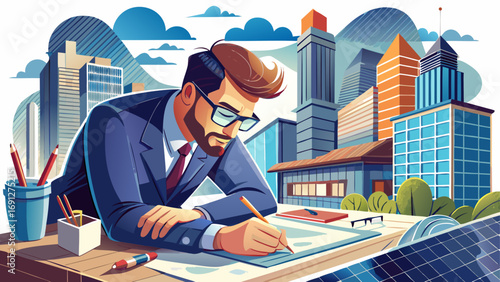 Architect in modern office leans over desk sketching with pencil. Isolated white background conveys creativity, technical precision, and visionary power of architectural design.