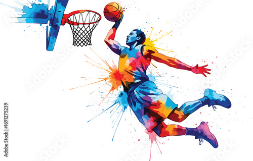 Basketball player slam dunk silhouette, colorful action pose with hoop, flat vector, cad drawing, stock image, sports energy theme