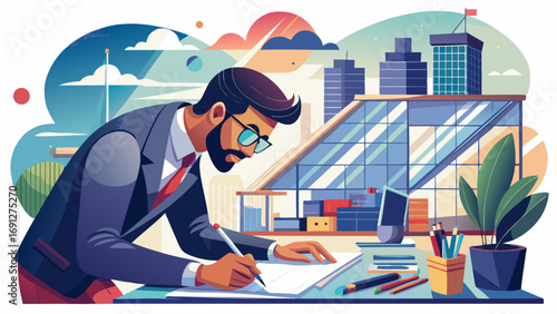 Architect in modern office leans over desk sketching with pencil. Isolated white background conveys creativity, technical precision, and visionary power of architectural design.