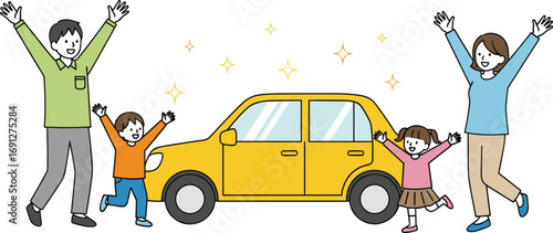 Cartoon family celebrating new car, cheerful character pose, festive auto scene, flat vector, cad drawing, stock image, lifestyle theme