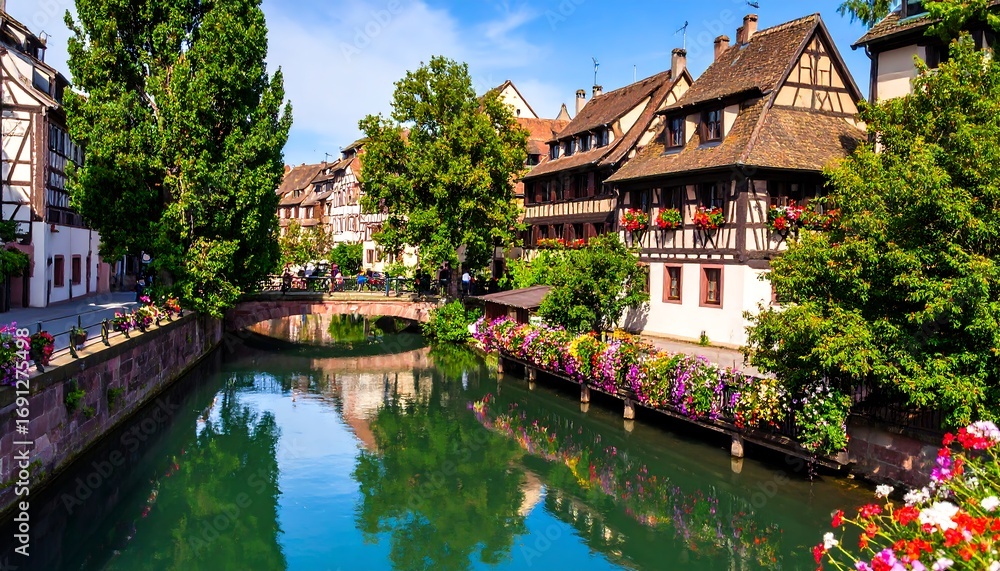 Fototapeta premium European canal town with colorful flowers and charming houses