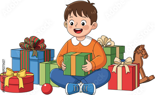 Child with gifts and toys, festive cartoon illustration, cheerful celebration scene, flat vector, cad drawing, stock image, holiday theme