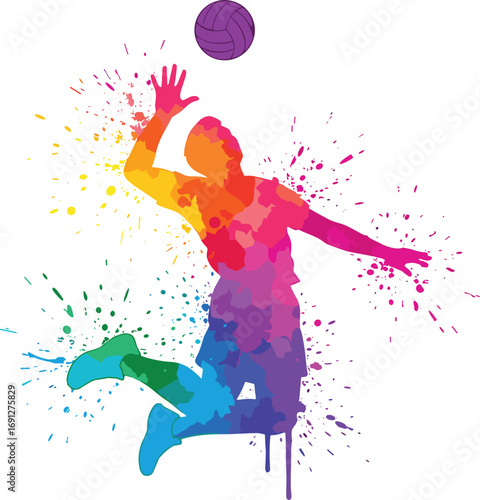 Colorful volleyball silhouette illustration, dynamic spiking pose with paint splashes, flat vector, cad drawing, stock image, sports theme