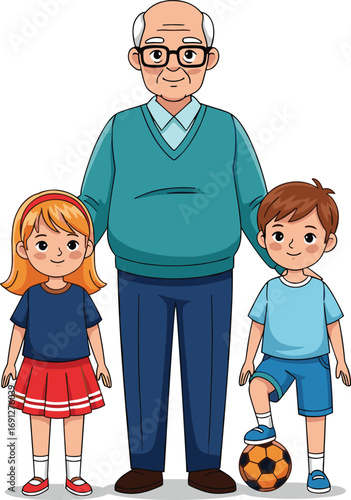Grandfather with grandchildren cartoon, multigenerational family moment, cheerful character pose, flat vector, cad drawing, stock image, bonding theme