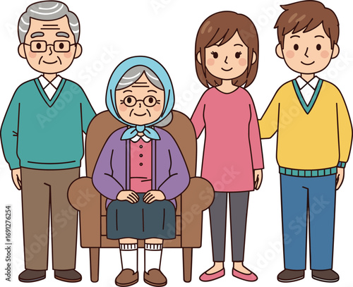 Multigenerational cartoon family gathering, elderly and young adults illustration, flat vector, cad drawing, stock image, bonding and care theme