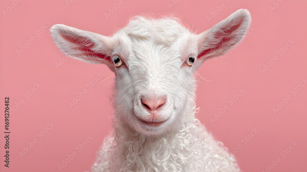 Fototapeta premium Adorable white baby goat with curious big eyes and fluffy curly wool smiles gently on a soft pink background, perfect for spring campaigns.