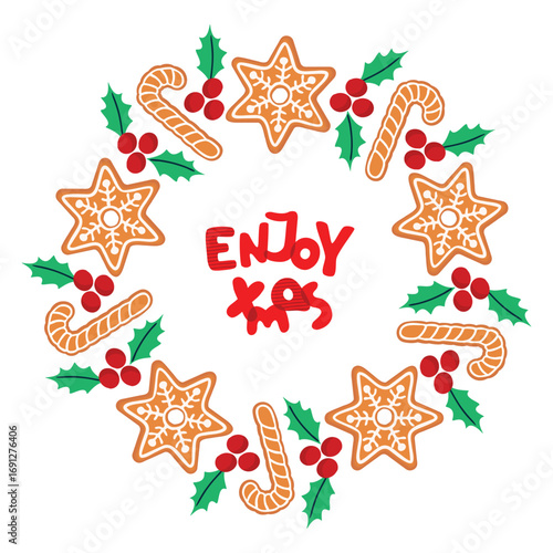 Enjoy xmas card with gingerbread cane, snowflake and holly. Round frame with cartoon objects isolated on white background. Festive poster with hand written. Vector design with christmass cookies