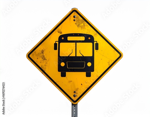 An old, weathered yellow diamond-shaped bus stop warning sign isolated on a white background, symbolizing public transit and road safety.