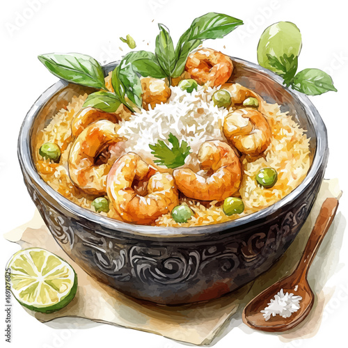 Biryani, watercolor illustration vector, isolated on a white background.