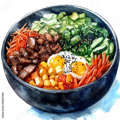 watercolor vector of Bibimbap, isolated on a white background.