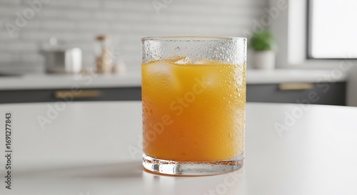 Refreshing Iced Orange Juice in Glass on Kitchen Counter