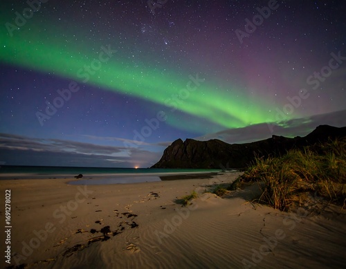 Night beach scene with aurora borealis