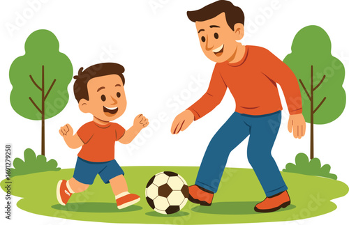 Father and son playing football on a playground vector illustration