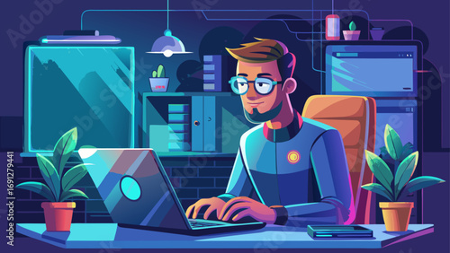 close up Programmer at sleek desk types on glowing laptop. Isolated white background reflects focus, innovation, and minimalist elegance of digital workspaces.