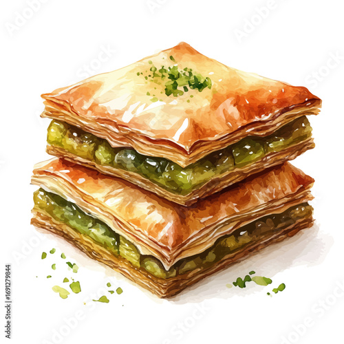 Baklava, watercolor illustration vector, isolated on a white background.